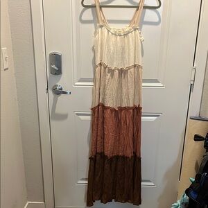 Blu Pepper Cream, Tan, Rust and Brown Tiered Maxi Sundress NWT